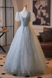 Blue Crumpled Tulle Long Prom Dress, Beautiful Flower Fairy Evening Party Dress HZ0429