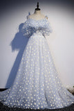 Blue Tulle Long Prom Dresses, Cute A-Line Evening Dresses HZ0429