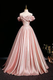 Elegant Pink Satin Prom Dresses Ball Gown, A-Line Off-The-Shoulder Backless Floor-Length Formal Dresses HZ0429