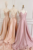 Simple V-Neck Satin Long Prom Dress, A-Line Backless Evening Dress HZ0429