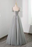 Gray Tulle Beading Long Prom Dress, A-Line Short Sleeve Evening Dress HZ0429