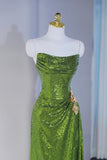 Green Sequins Long Mermaid Prom Dress, Green Strapless Evening Party Dress HZ0429