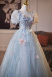 Blue Crumpled Tulle Long Prom Dress, Beautiful Flower Fairy Evening Party Dress HZ0429