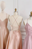 Simple V-Neck Satin Long Prom Dress, A-Line Backless Evening Dress HZ0429