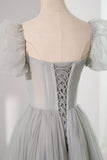 Gray Tulle Beading Long Prom Dress, A-Line Short Sleeve Evening Dress HZ0429