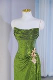 Green Sequins Long Mermaid Prom Dress, Green Strapless Evening Party Dress HZ0429