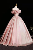 Elegant Pink Satin Prom Dresses Ball Gown, A-Line Off-The-Shoulder Backless Floor-Length Formal Dresses HZ0429