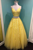 Yellow Lace Two Pieces Prom Dress, A-Line Evening Party Dress HZ0429