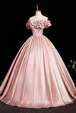 Elegant Pink Satin Prom Dresses Ball Gown, A-Line Off-The-Shoulder Backless Floor-Length Formal Dresses HZ0429