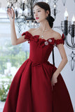 Burgundy Satin Long Prom Dresses, Cute Evening Dresses with Bow HZ0429