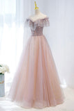 Pink Tulle Beaded Long Formal Dress, Pink V-Neck Prom Dress HZ0429