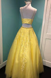 Yellow Lace Two Pieces Prom Dress, A-Line Evening Party Dress HZ0429