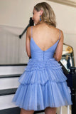Cute V-Neck Tulle Short Prom Dress, A-Line Spaghetti Strap Party Dress HZ0429
