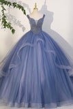 Blue Beaded Tulle Long A-Line Prom Dress, Blue Formal Evening Dress HZ0429