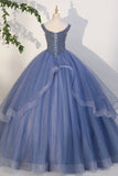 Blue Beaded Tulle Long A-Line Prom Dress, Blue Formal Evening Dress HZ0429