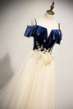 A-Line Off the Shoulder Long Prom Dresses, Champagne Evening Dresses HZ0429