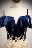 A-Line Off the Shoulder Long Prom Dresses, Champagne Evening Dresses HZ0429