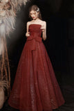 Sparkling Burgundy Tulle Long Prom Dress, A-Line Strapless Evening Party Dress HZ0429