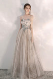 Champagne Tulle Sequins Long Prom Dresses, A-Line Evening Dresses HZ0429