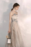 Champagne Tulle Sequins Long Prom Dresses, A-Line Evening Dresses HZ0429