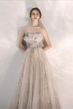 Champagne Tulle Sequins Long Prom Dresses, A-Line Evening Dresses HZ0429