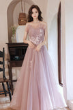 Pink Tulle Lace Long Prom Dresses, A-Line Evening Dresses HZ0429