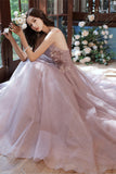 Pink Tulle Lace Long Prom Dresses, A-Line Evening Dresses HZ0429