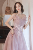 Pink Tulle Lace Long Prom Dresses, A-Line Evening Dresses HZ0429