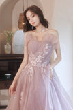 Pink Tulle Lace Long Prom Dresses, A-Line Evening Dresses HZ0429