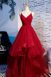 Red V-Neck Tulle Long Prom Dress, A-Line Evening Dress HZ0429