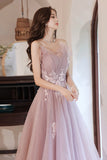 Pink Tulle Lace Long Prom Dresses, A-Line Evening Dresses HZ0429