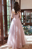 Pink Tulle Lace Long Prom Dresses, A-Line Evening Dresses HZ0429