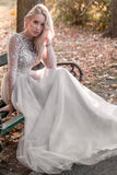 Grey Tulle Beading Long Sleeve Prom Dresses, A-Line Evening Dresses HZ0429