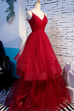 Red V-Neck Tulle Long Prom Dress, A-Line Evening Dress HZ0429