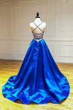 Blue V-Neck Satin Long Prom Dresses, A-Line Backless Evening Dresses HZ0429
