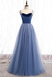 Blue Velvet Tulle Long Prom Dresses, Blue A-Line Evening Dresses HZ0429