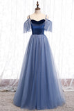 Blue Velvet Tulle Long Prom Dresses, Blue A-Line Evening Dresses HZ0429