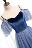 Blue Velvet Tulle Long Prom Dresses, Blue A-Line Evening Dresses HZ0429
