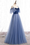 Blue Velvet Tulle Long Prom Dresses, Blue A-Line Evening Dresses HZ0429