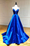 Blue V-Neck Satin Long Prom Dresses, A-Line Backless Evening Dresses HZ0429