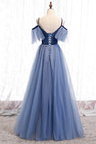 Blue Velvet Tulle Long Prom Dresses, Blue A-Line Evening Dresses HZ0429