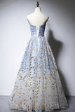 Blue Strapless Ombre Tulle Long Prom Dresses, A-Line Evening Dresses HZ0429