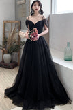 Black Tulle Long A-Line Prom Dresses, Off the Shoulder Evening Dresses HZ0429