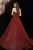 Sparkling Burgundy Tulle Long Prom Dress, A-Line Strapless Evening Party Dress HZ0429