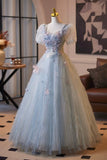 Blue Crumpled Tulle Long Prom Dress, Beautiful Flower Fairy Evening Party Dress HZ0429