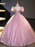 Pink Tulle and Lace Long Prom Dress with Sequins, Beautiful A-Line Sweet 16 Dress HZ0429