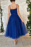 Blue Tulle Short Prom Dresses, A-Line Spaghetti Strap Evening Dresses HZ0429