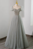 Gray Tulle Beading Long Prom Dress, A-Line Short Sleeve Evening Dress HZ0429