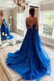 Blue Lace Long Prom Dresses, A-Line Backless Evening Party Dress HZ0429
