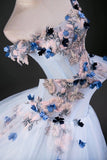 Beautiful A-Line Tulle Beads Long Prom Dress, Blue Off the Shoulder Formal Dress HZ0429